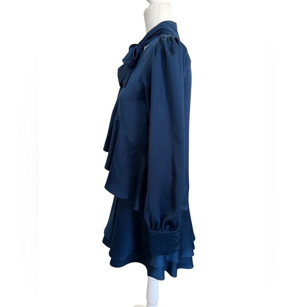 Parker Navy Blue Satin Mini Dress XS Tie Neck Long Sleeve Cascading Ruffle Hem - Picture 3 of 16